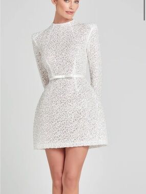 NADINE MERABI White Crochet Lace Long-Sleeve Mini Dress